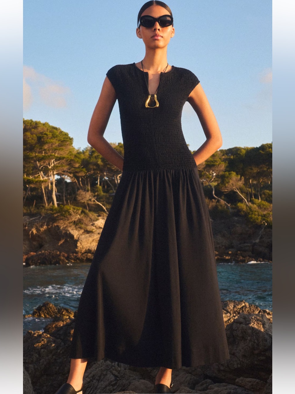 ME+EM Black Smocked Cap-Sleeve Maxi Dress